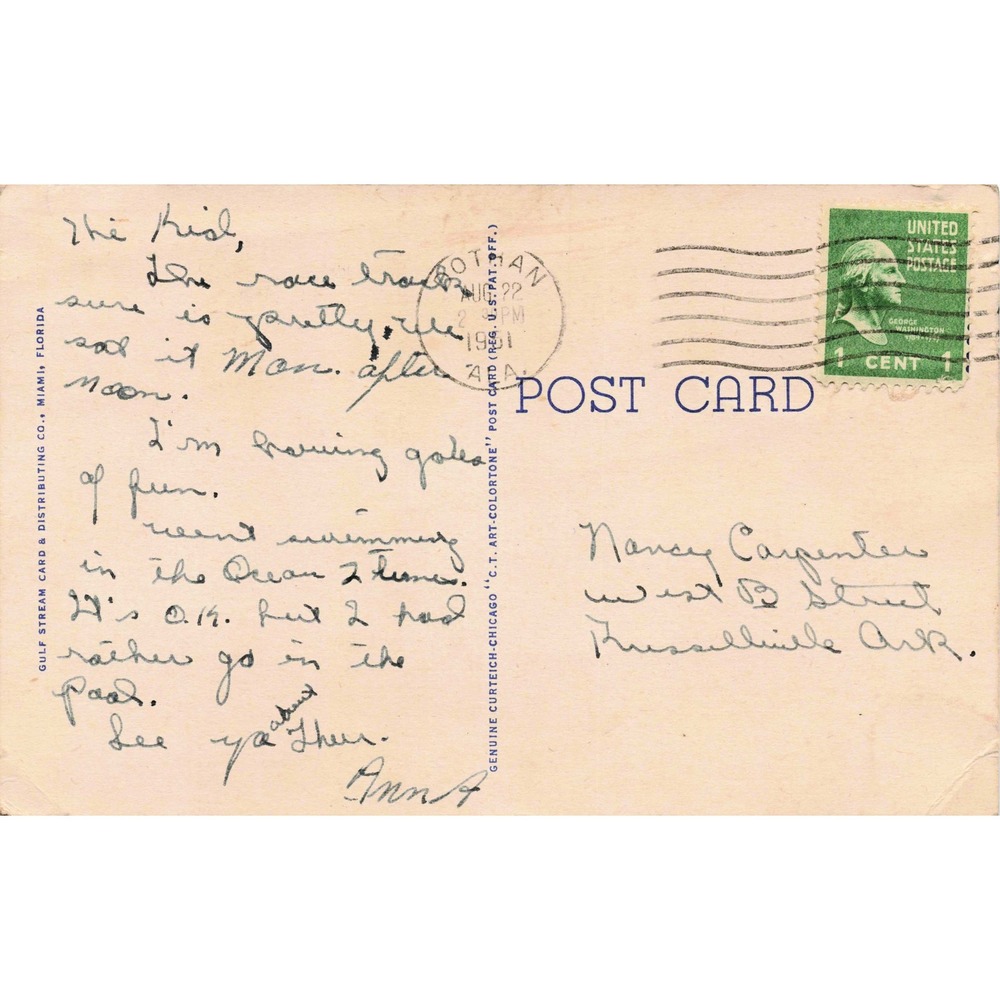 Hialeah Park Race Course Miami FL Linen Postcard 1951 Curteich Flamingo Lake - Picture 2 of 2